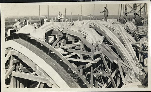 In May 1931, construction crews inspect the limestone ribs that are part of Duke Chapel's ceiling. Photo courtesy of University Archives.